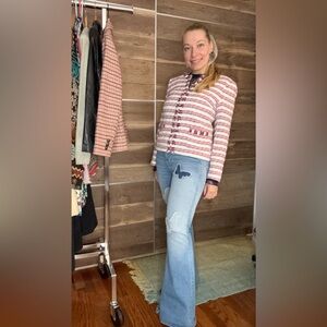 Talbots Women's Textured Striped Cardigan - Pink, Black, White